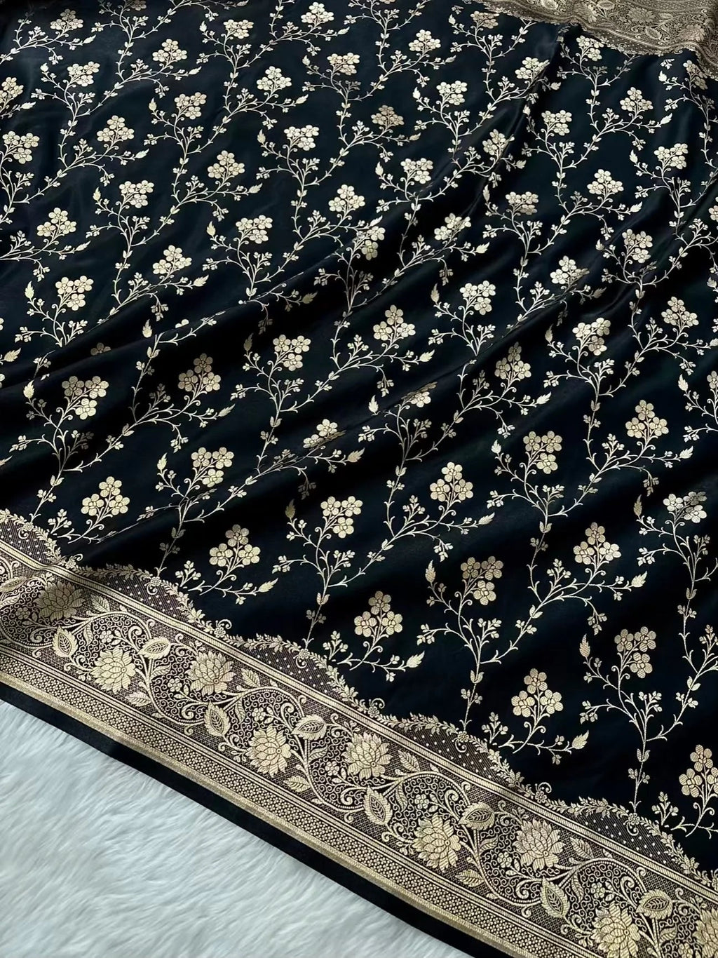 Radiant Fire Gold Banarasi Satin Silk Saree with Elegant Booti Work