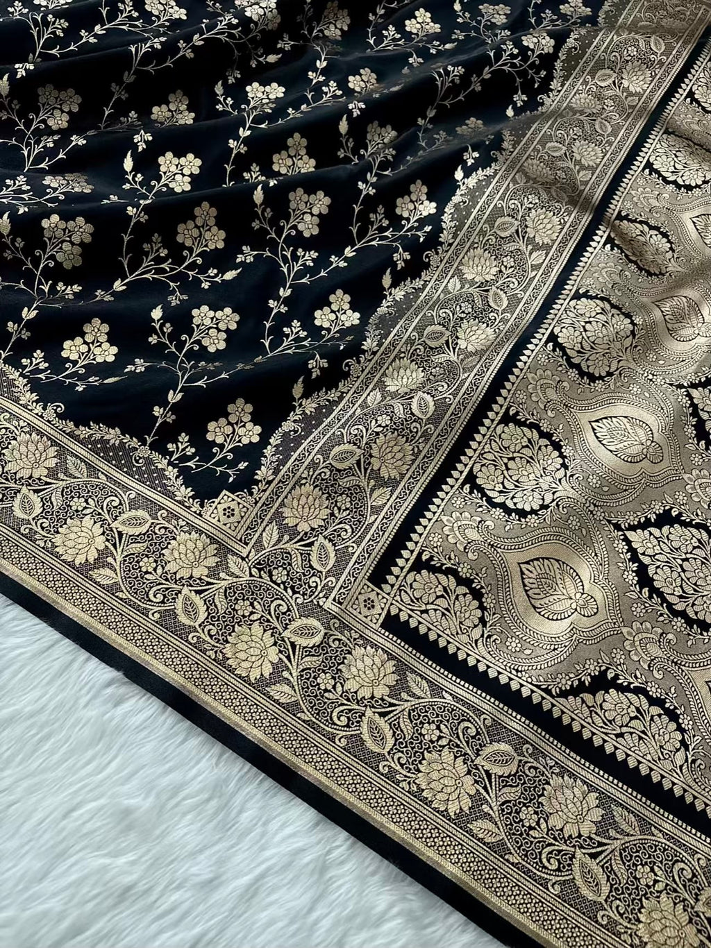 Radiant Fire Gold Banarasi Satin Silk Saree with Elegant Booti Work