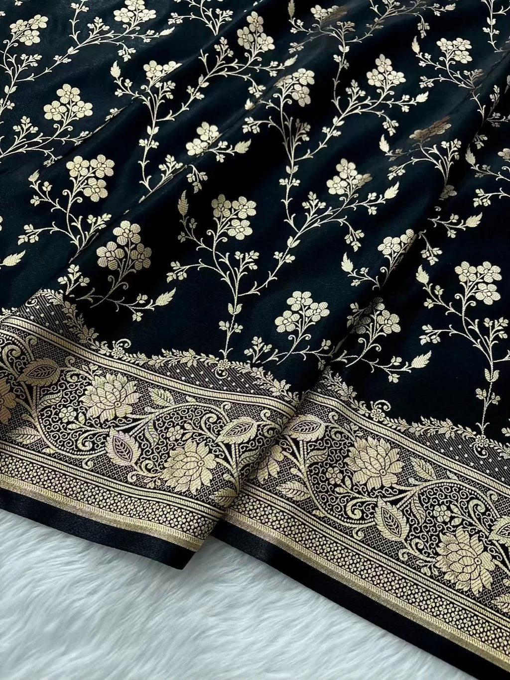 Radiant Fire Gold Banarasi Satin Silk Saree with Elegant Booti Work