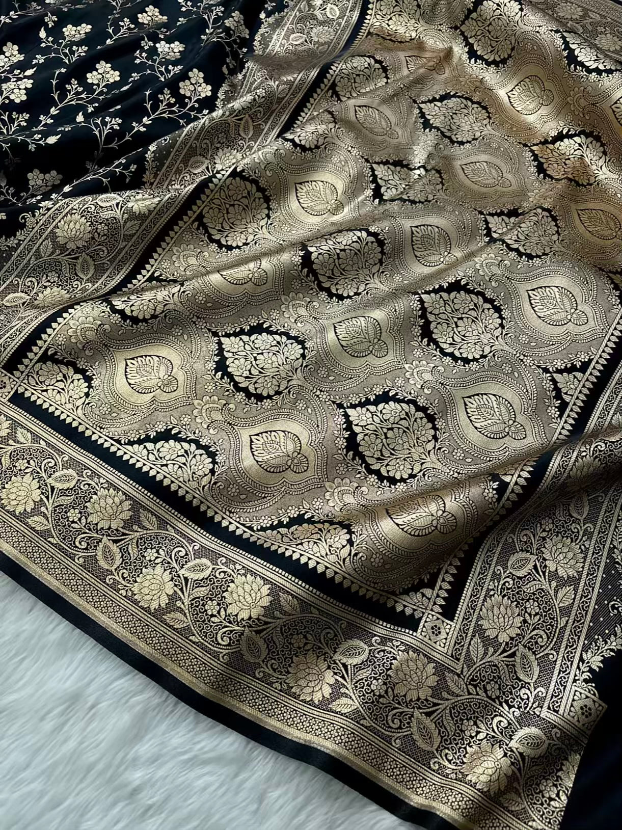 Radiant Fire Gold Banarasi Satin Silk Saree with Elegant Booti Work