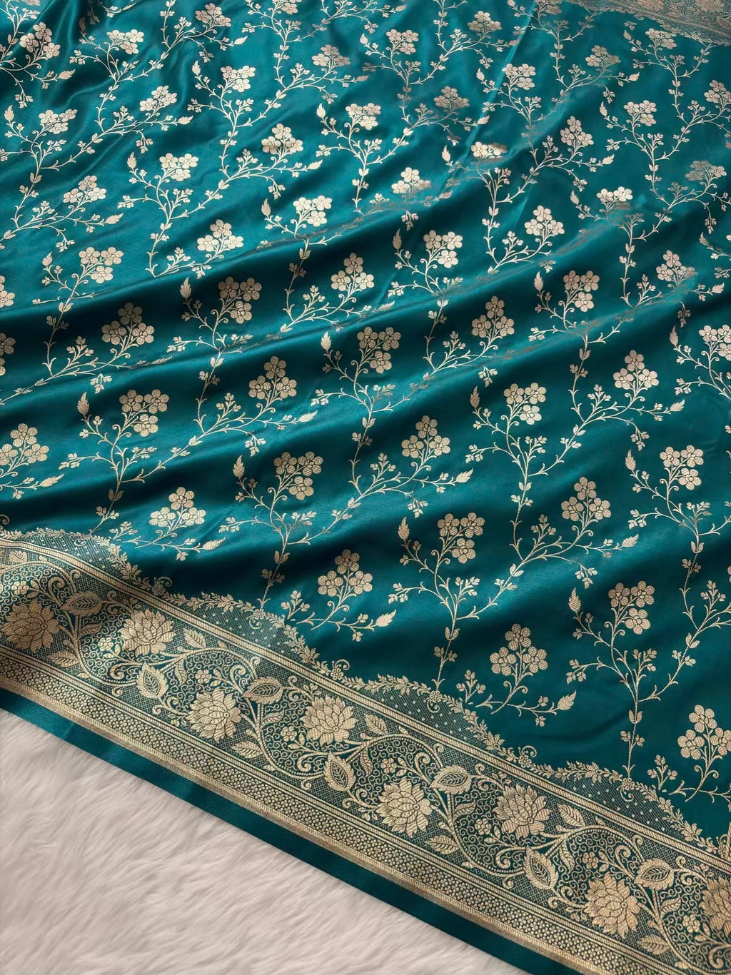 Radiant Fire Gold Banarasi Satin Silk Saree with Elegant Booti Work
