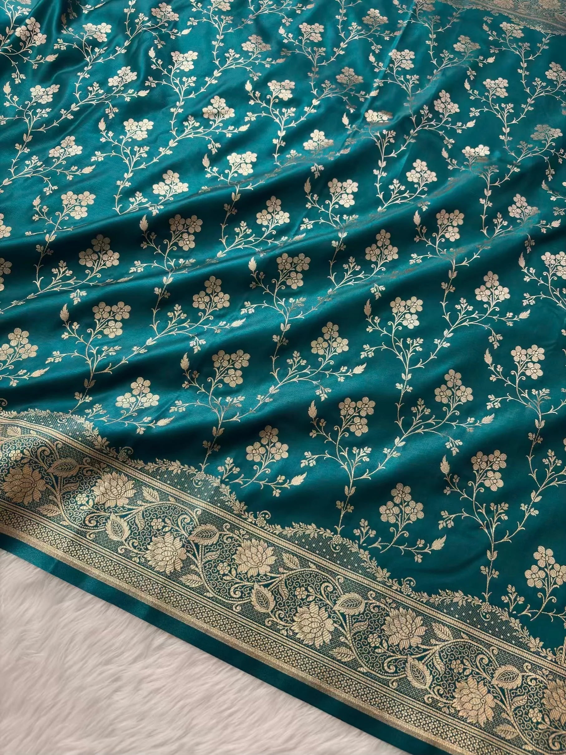 Radiant Fire Gold Banarasi Satin Silk Saree with Elegant Booti Work