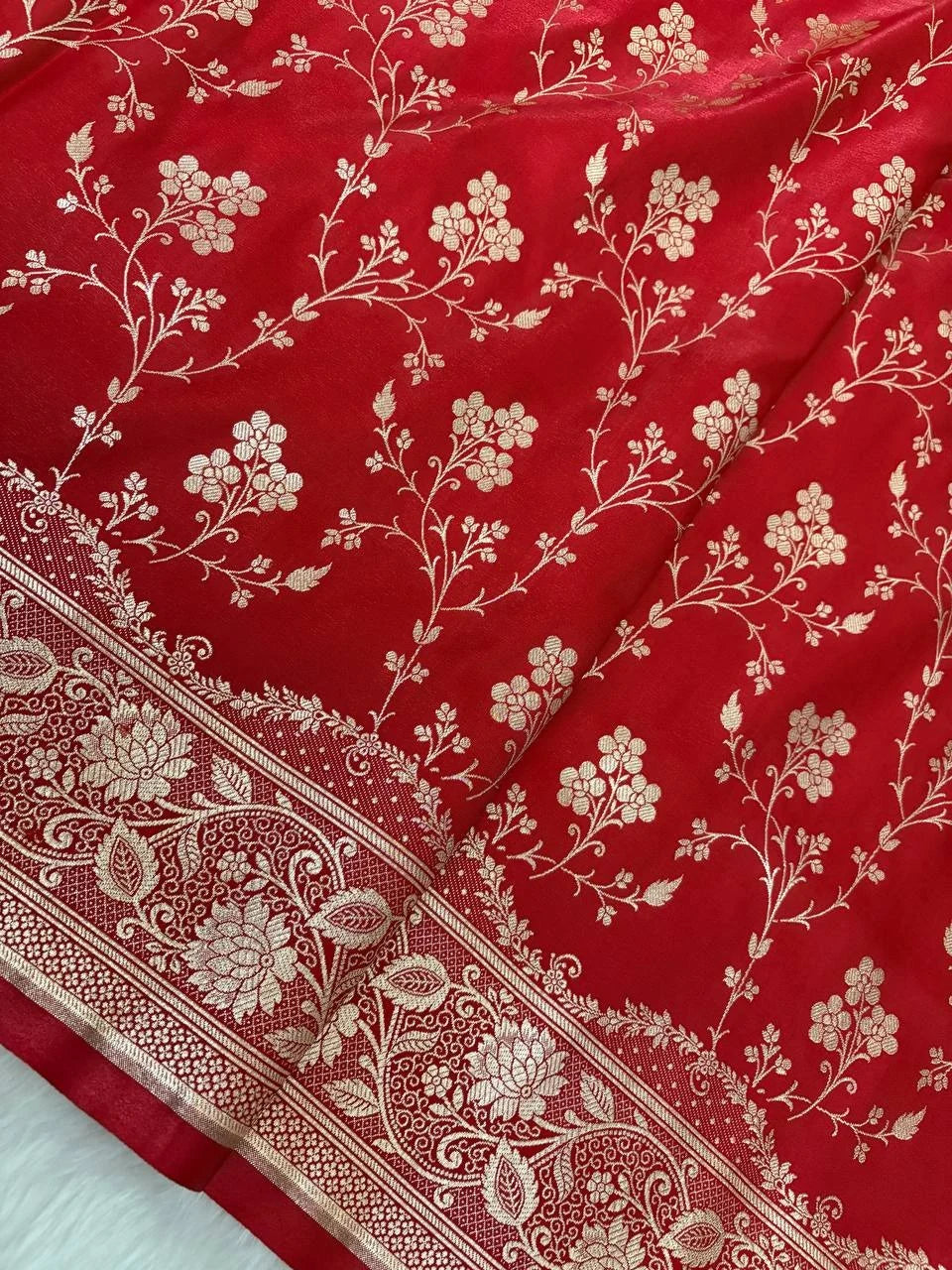 Radiant Fire Gold Banarasi Satin Silk Saree with Elegant Booti Work